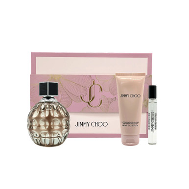 JIMMY CHOO 3 PCS SET FOR WOMEN: 3.3 EAU DE PARFUM SPRAY + 0.25 EAU DE PARFUM SPRAY + 3.3 BODY LOTION HARD BOX 