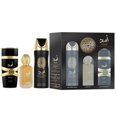LATTAFA ASAD 3 PCS SET FOR MEN: 3.4 EAU DE PARFUM SPRAY + 1.7 HAIR MIST + 6.7 PERFUMED BODY SPRAY
