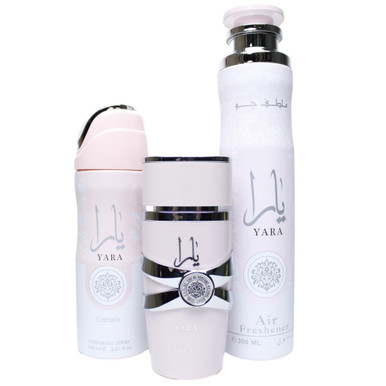 LATTAFA YARA 3 PCS SET FOR WOMEN: 3.4 EAU DE PARFUM SPRAY + 6.7 PERFUMED BODY SPRAY + 10 OZ AIR FRESHENER