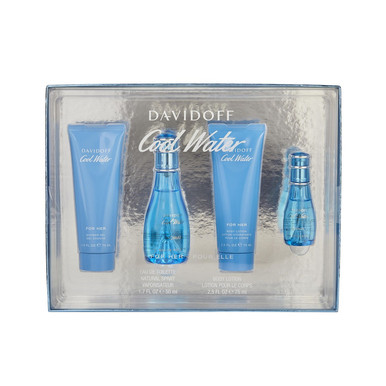 DAVIDOFF COOLWATER 4 PCS SET FOR WOMEN: 1.7 EAU DE TOILETTE SPRAY + 2.5 BODY LOTION + 2.5 SHOWER GEL + 15 ML EAU DE TOILETTE SPRAY