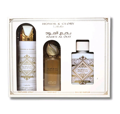 LATTAFA BADE'E AL OUD HONOR & GLORY 3 PCS SET: 3.4 EAU DE PARFUM SPRAY + 1.7 HAIR MIST + 6.7 PERFUMED BODY SPRAY